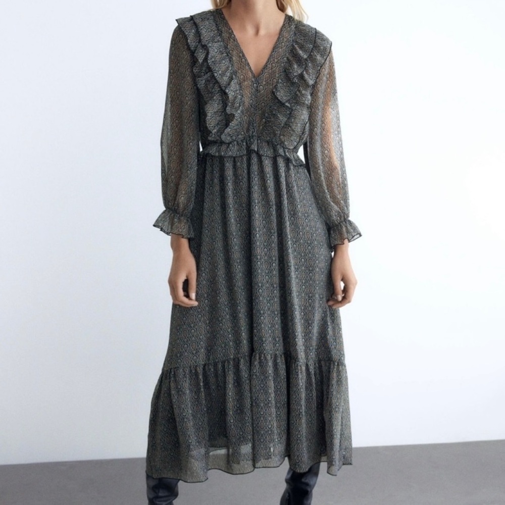 Zara Metallic Thread Printed Sheer Ruffle V-neck Long Sleeve Midi Dress S